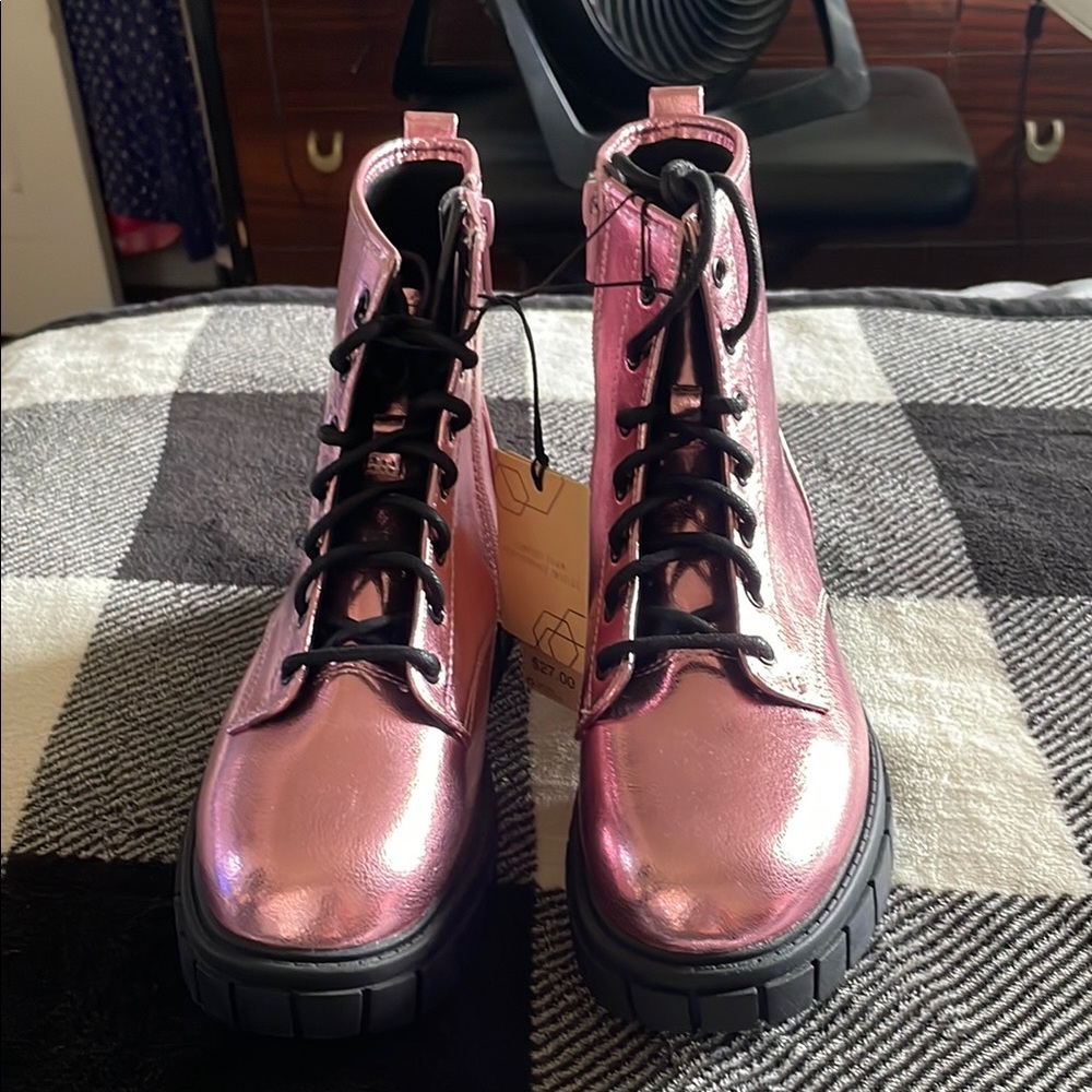 Pink Combat Moto Boots with Chunky Sole